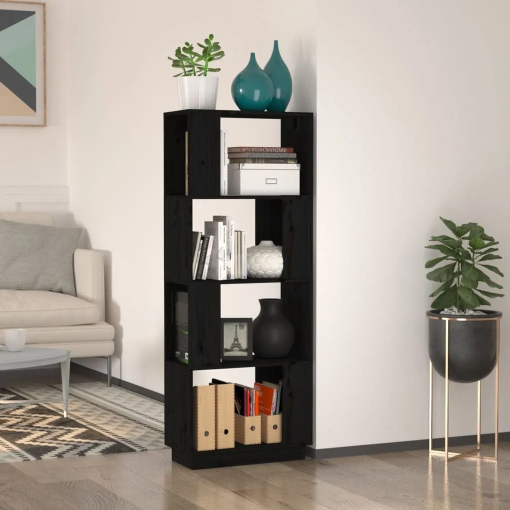 814043 vidaXL Bibliotecă/Separator cameră, negru, 51x25x132 cm lemn masiv pin