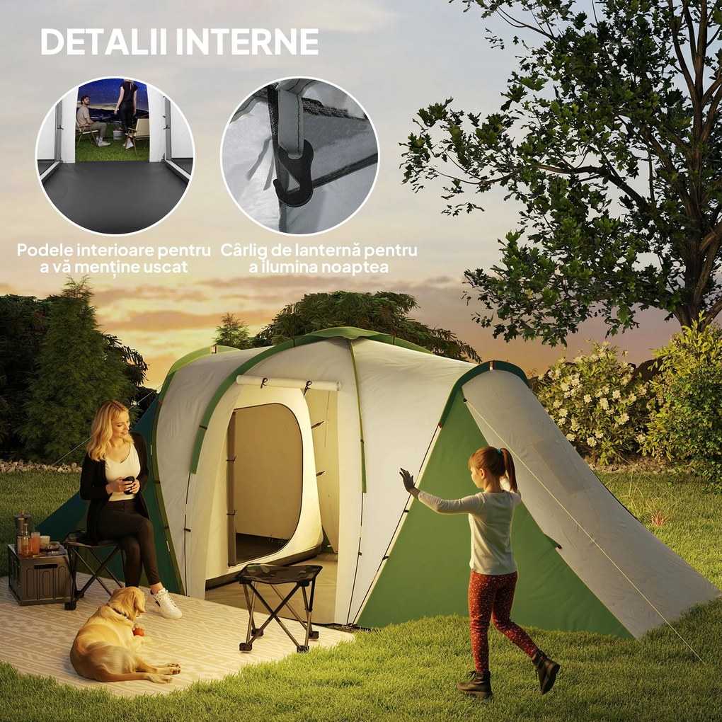 Outsunny Cort de Camping pentru 4-6 Persoane cu 2 Camere, 2 Uși și Geantă de Transport, 555x225x190 cm, Verde | Aosom Romania