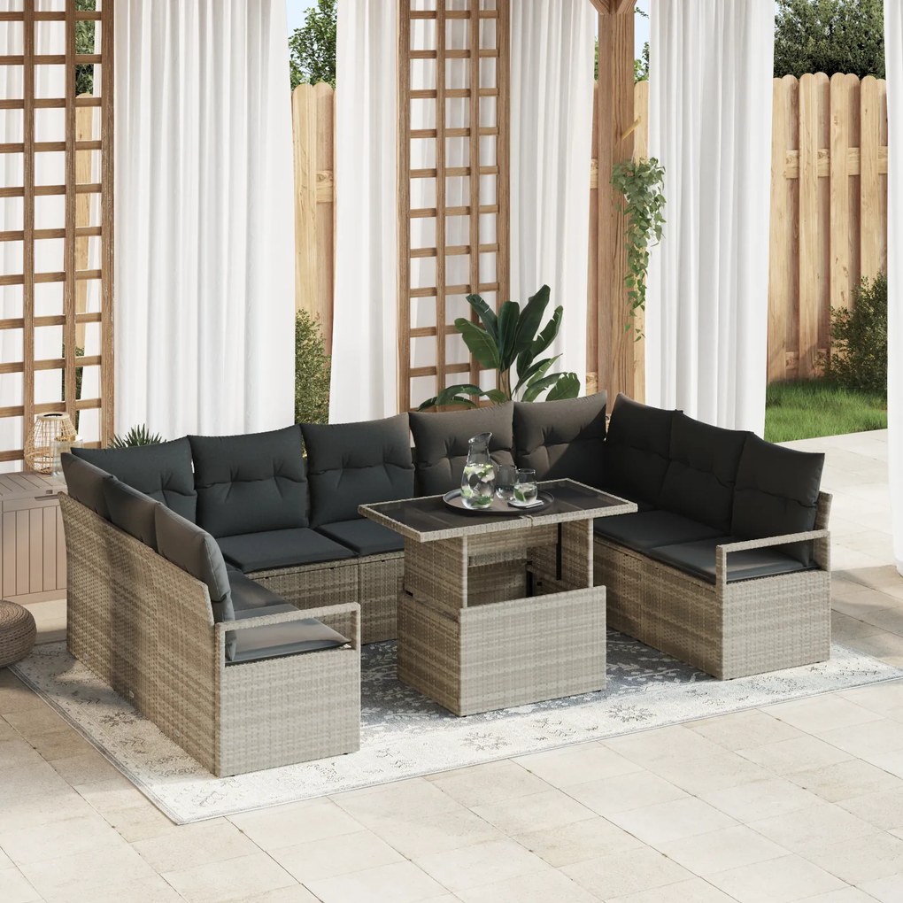 vidaXL Set de canapea de grădină, 10 piese, cu perne gri deschis, din rattan sintetic