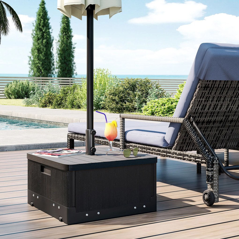Outsunny Bază pentru Umbrelă 3-în-1 Exterior, Măsuță de Cafea, Jardinieră cu Orificiu de Scurgere, Capacitate 80 kg, Suport Umplut cu Roți și Mânere pentru Terasă și Piscină, Negru | Aosom Romania
