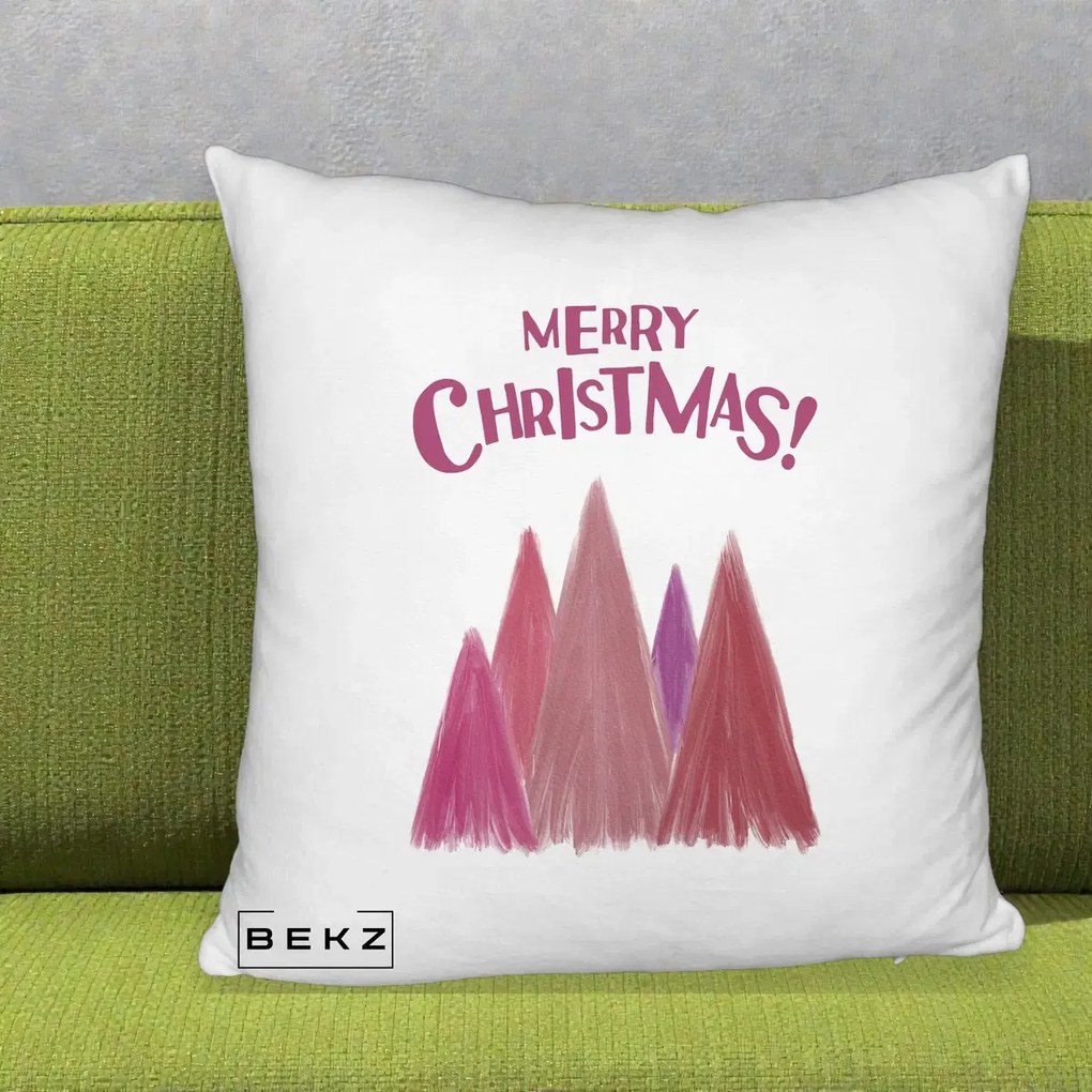 Perna Decorativa Merry Christmas Brazi Roz, 40x40 cm, Alb Pufos, Husa Detasabila, Perna Inclusa, BEKZ®