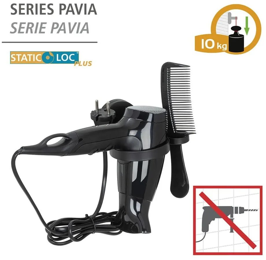 Suport de perete negru pentru uscătorul de păr Wenko Static-Loc® Pavia