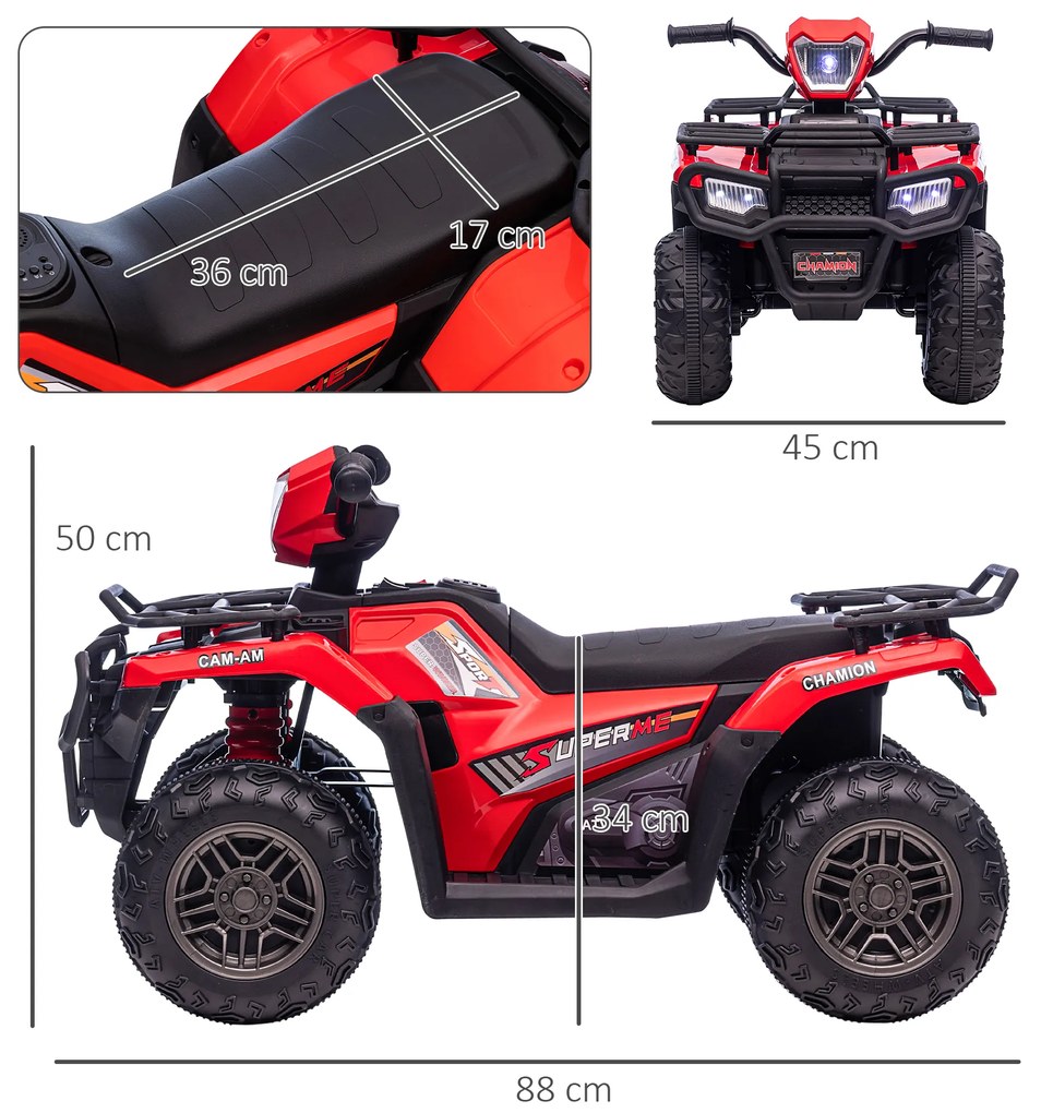ATV electric pentru copii HOMCOM, max. 4 km/h, de la 3 ani, faruri LED, port de muzică, negru+roșu 88 x 45 x 50 cm | Aosom Romania