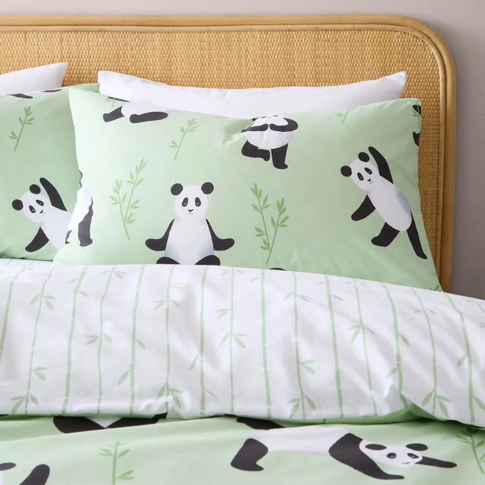 Lenjerie de pat pentru copii verde pentru pat dublu 200x200 cm Panda Paws – Catherine Lansfield