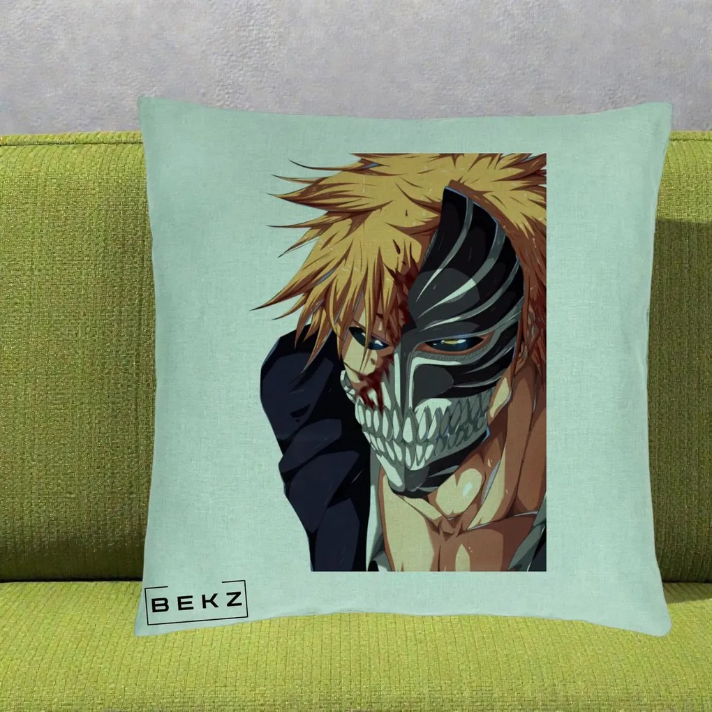 Perna Personalizata Bleach Ichigo Masca Hollow, 40x40 cm, Verde Menta, Husa Detasabila, Perna Inclusa, BEKZ®