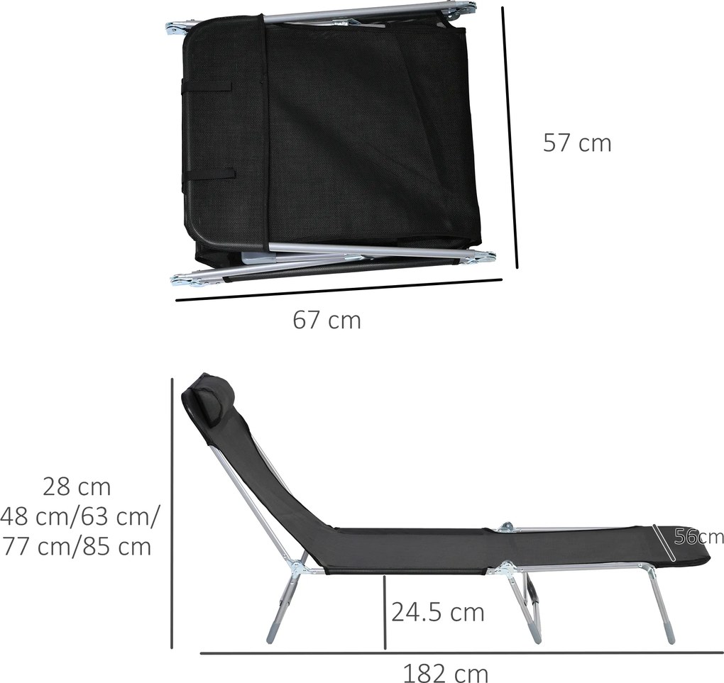 Outsunny Șezlong Pliabil cu Spătar Reglabil pe 5 Nivele și Pernă, Șezlong de Grădină cu Material Respirabil Textilen, pentru Plajă, Piscină, Grădină, 182x56x28 cm, Negru | Aosom Romania