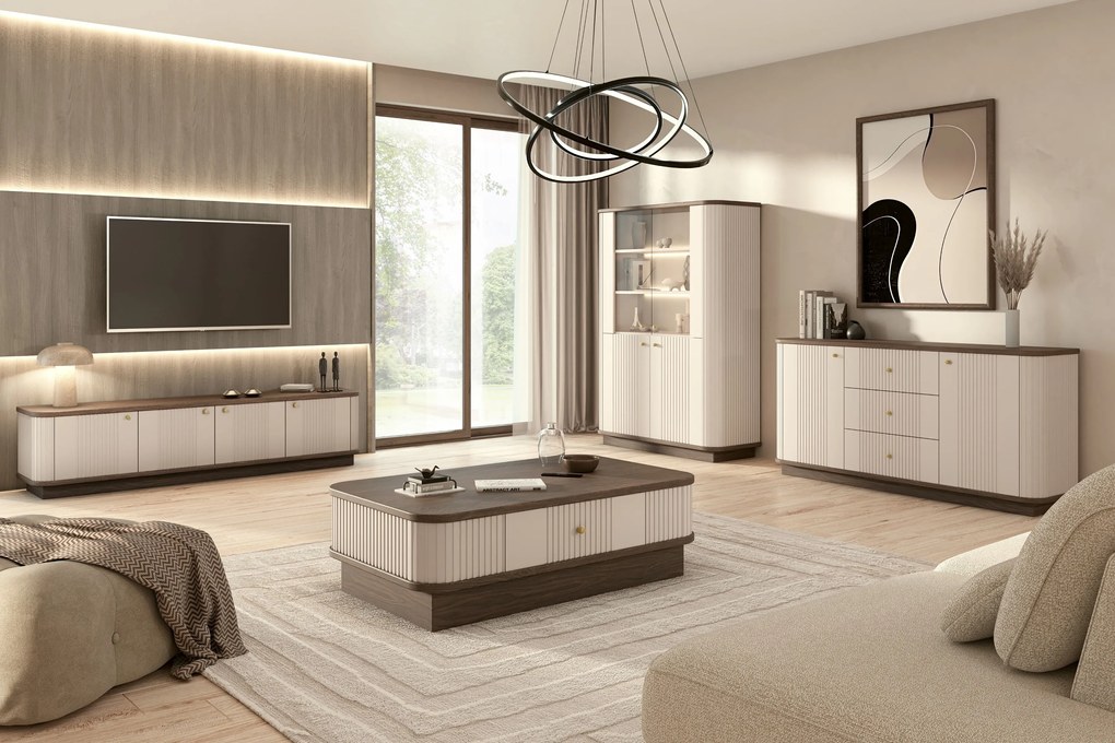 Comodă cu sertare pe soclu Vesper 160 cm - kashmir / nuc / mânere aurii