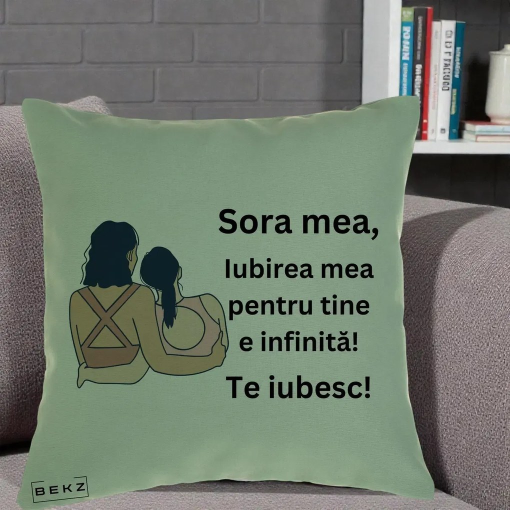 Cadou pentru Sora - Perna Personalizata Sora Mea Te Iubesc Doua Fete Fashioniste Line Art, 40x40 cm, Verde, Husa Detasabila, Perna Inclusa, BEKZ®