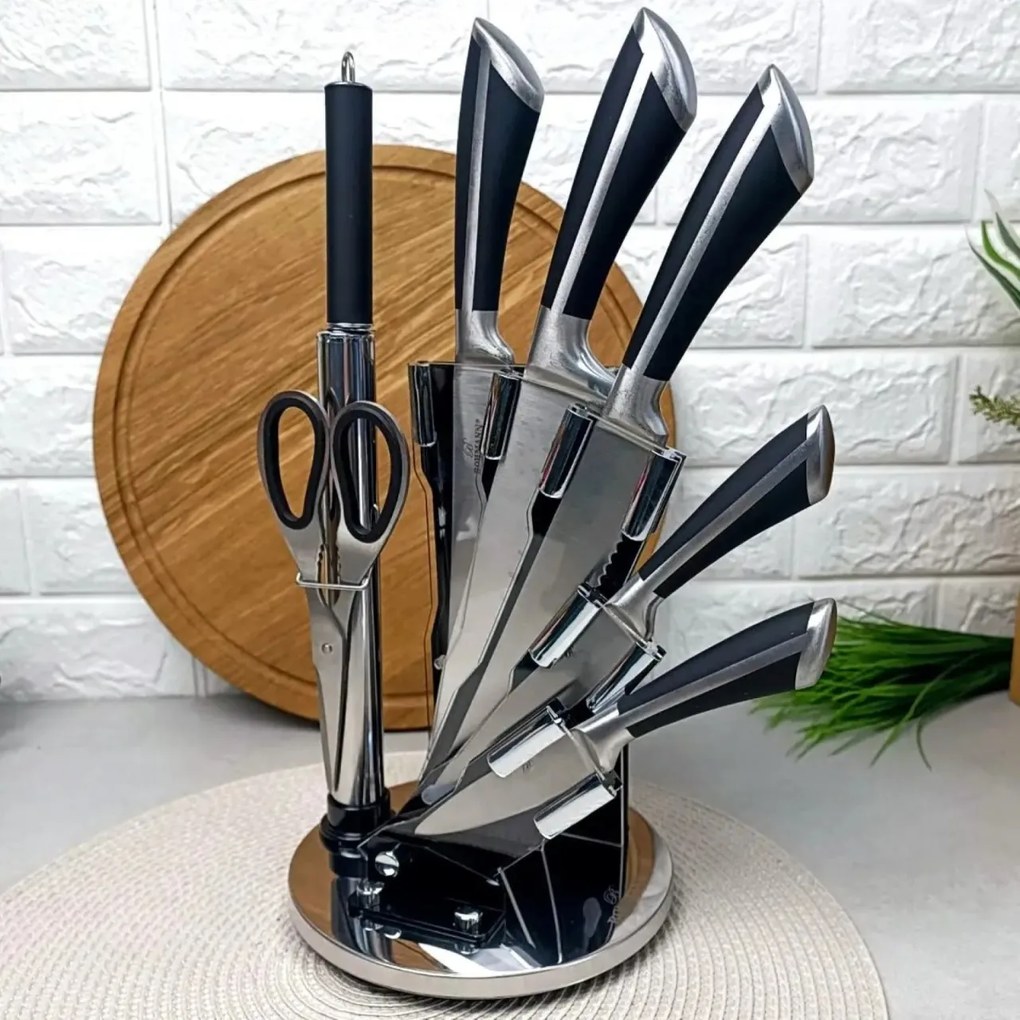 Set cutite 8 piese inox, cu suport Royalty Line KSS700, manere negre