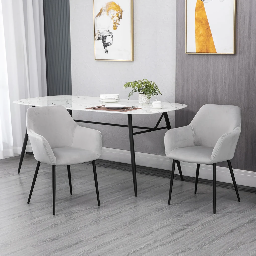 HOMCOM Set de 2 Scaune de Sufragerie Decorative din Catifea Gri Deschis pentru Living sau Dining | Aosom Romania