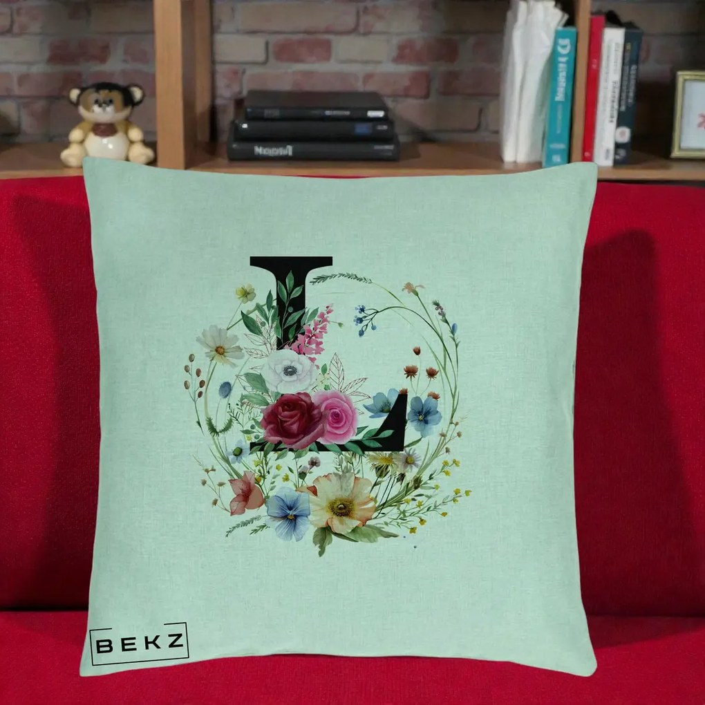 Cadou Personalizat - Perna Personalizata Monogram Litera L cu Flori Acuarela, 40x40 cm, Verde Menta, Husa Detasabila, Perna Inclusa, BEKZ®