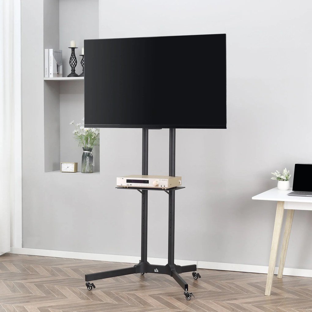 HOMCOM Carucior Suport Televizor cu Roti pentru TV 32-65" s VESA Maxim 600x400mm, Inaltime si Unghi Reglabile, Negru