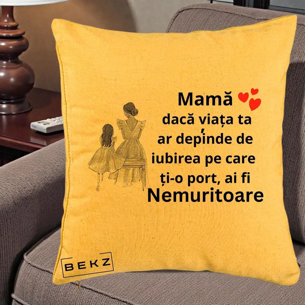 Cadou pentru Mama - Perna Personalizata Mama Nemuritoare Line Art, 40x40 cm, Galben, Husa Detasabila, Perna Inclusa, BEKZ®