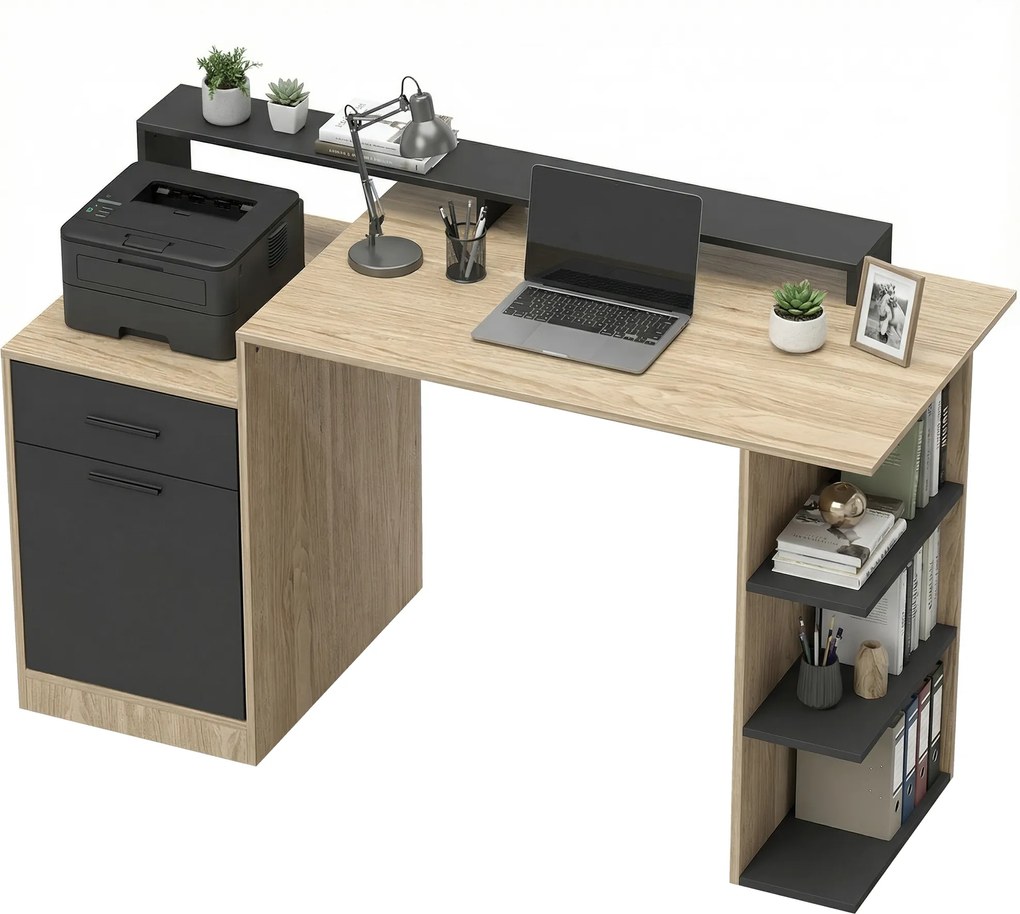 HOMCOM Masă pentru calculator cu spațiu de depozitare și rafturi, birou modern pentru birou și cameră de lucru, 140 cm, stejar | Aosom Romania