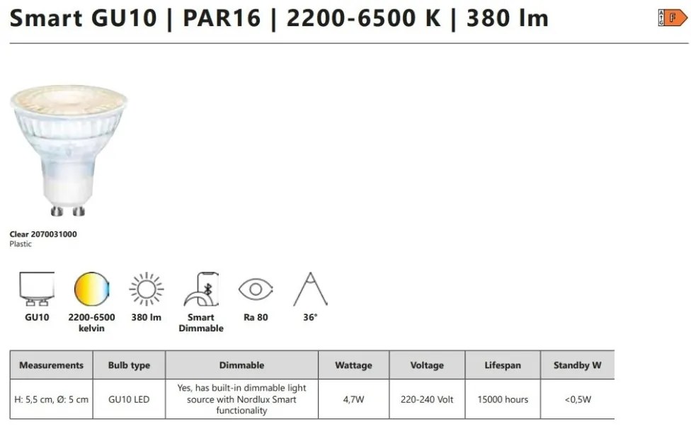 Bec LED Smart GU10 PAR16 2200-6500K 380Lm