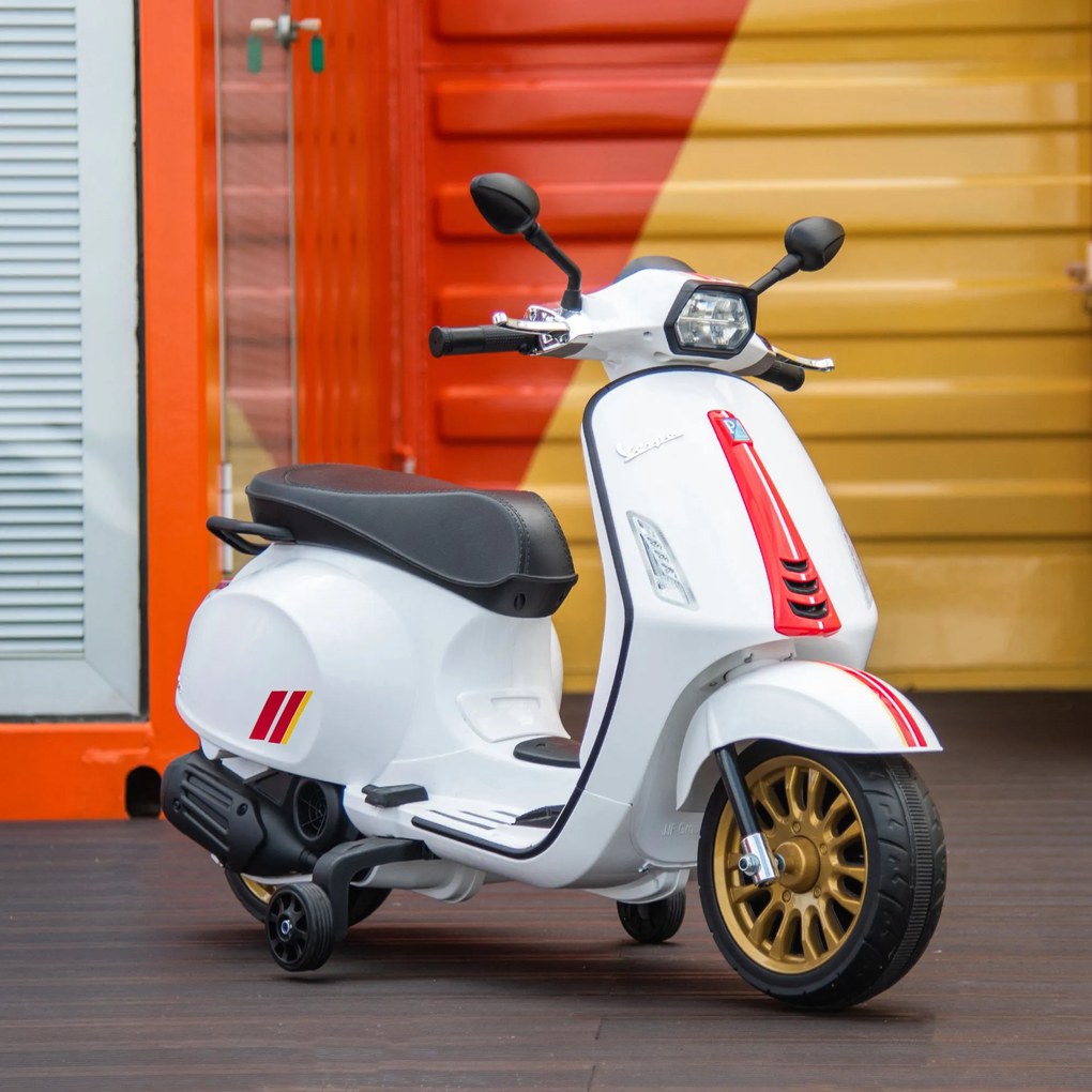 AIYAPLAY Motocicletă Electrică pentru Copii, Motocicletă cu Muzică, Două Motoare, Far, MP3, USB, Radio FM și 2 Roți de Antrenament, 107x47x73 cm, Alb | Aosom Romania