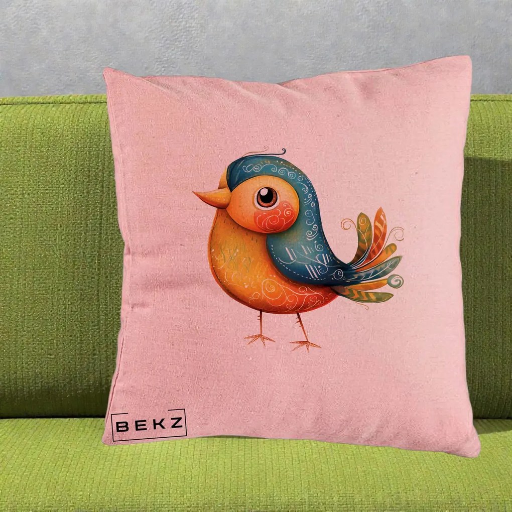 Perna Decorativa Pasare Folk Art Portocalie-Teal, 40x40 cm, Roz, Husa Detasabila, Perna Inclusa, BEKZ®