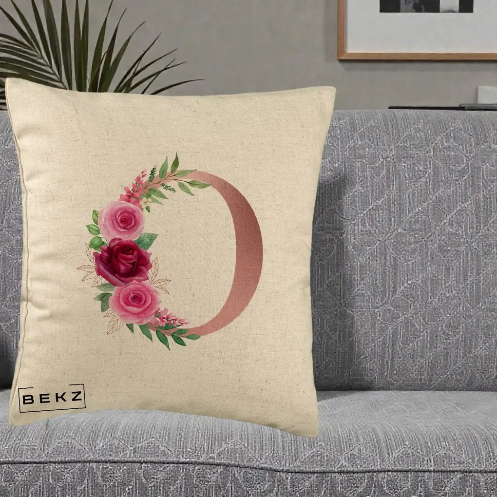 Cadou Personalizat - Perna Personalizata Monograma Rose Gold Litera O, 40x40 cm, Bej, Husa Detasabila, Perna Inclusa, BEKZ®