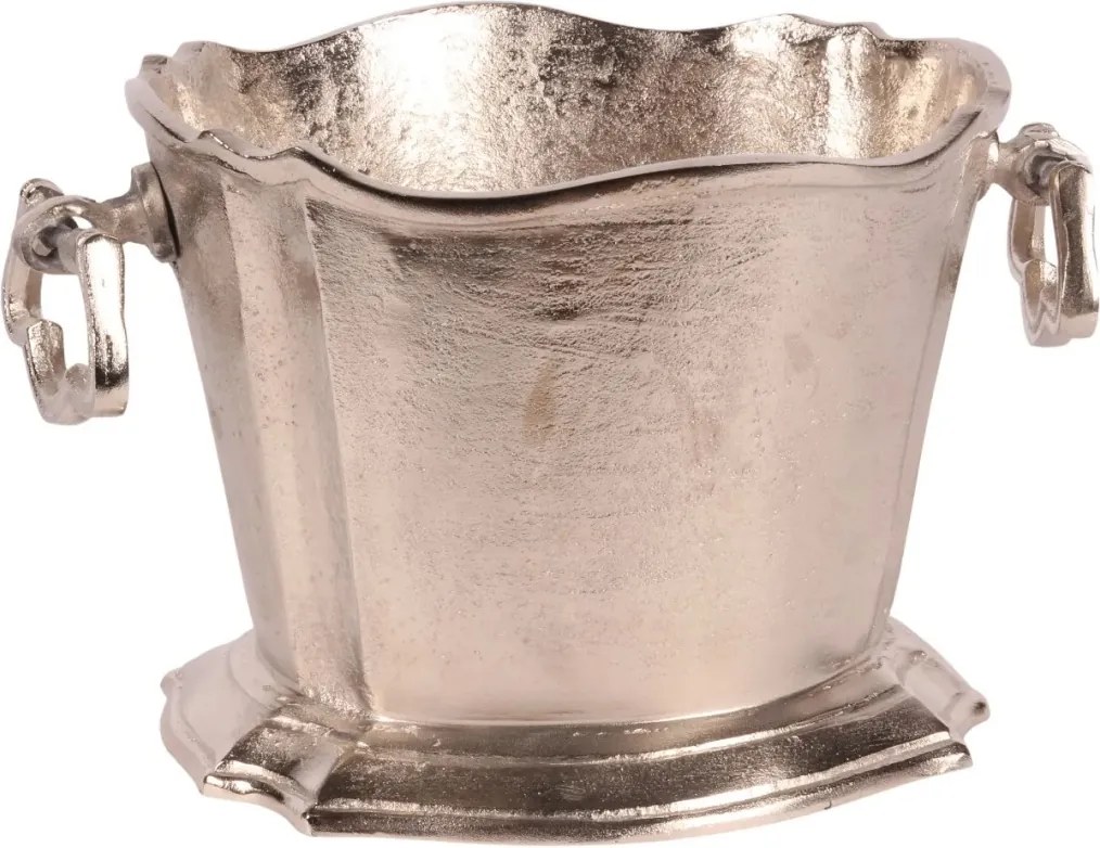 Frapieră ovală pentru 3 sticle de vin și șampanie din aluminiu, argintie, cu margine ondulată și mânere, nichelată, 24 x 42 x 25 cm, „Champenoise”