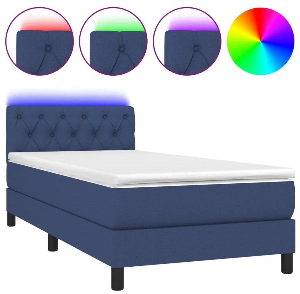 3133355 vidaXL Pat cu arcuri, saltea și LED, albastru, 80x200 cm, textil