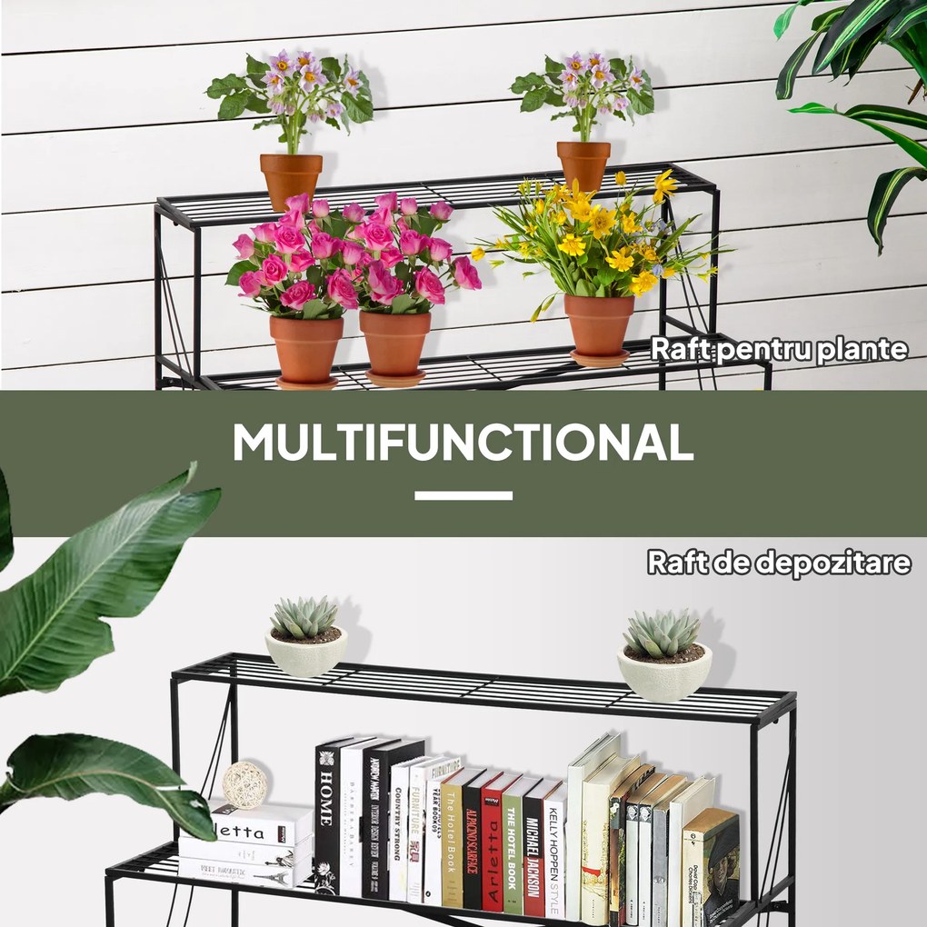Outsunny Suport pentru Plante din Metal, Scară Suport pe 3 Niveluri pentru Ghivece de Grădina în Stil Vintage, 95x63x72 cm, Negru | Aosom Romania