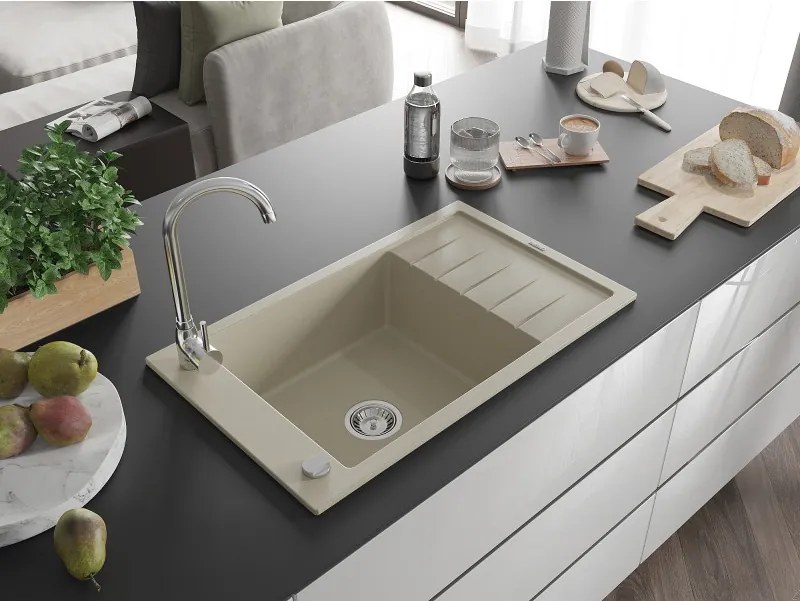 Mexen Elias chiuvetă de bucătărie din granit cu 1 compartiment și scurgător 795 x 480 mm, bej, sifon cromat - 6511791005-69