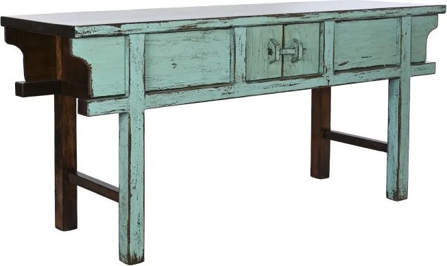 Consolă hol vintage din lemn de ulm, turcoaz, cu 2 sertare, 2 uși și zăvor din lemn, 88 x 170 x 49 cm, „Azure”