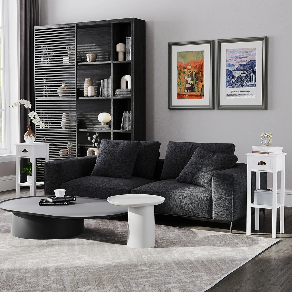 HOMCOM Set de 2 măsuțe laterale Masă de noptieră stil sofisticat cu sertar, etajeră inferioară, 30 x 30 x 75 cm, alb | Aosom Romania