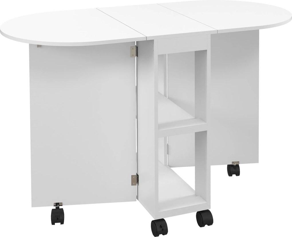 HOMCOM Masă pliabilă de dining pentru 2-4 persoane, 120x60x77 cm, cu 6 roți, 2 polițe, 2 extensii rabatabile, economisește spațiu, albă | Aosom Romania