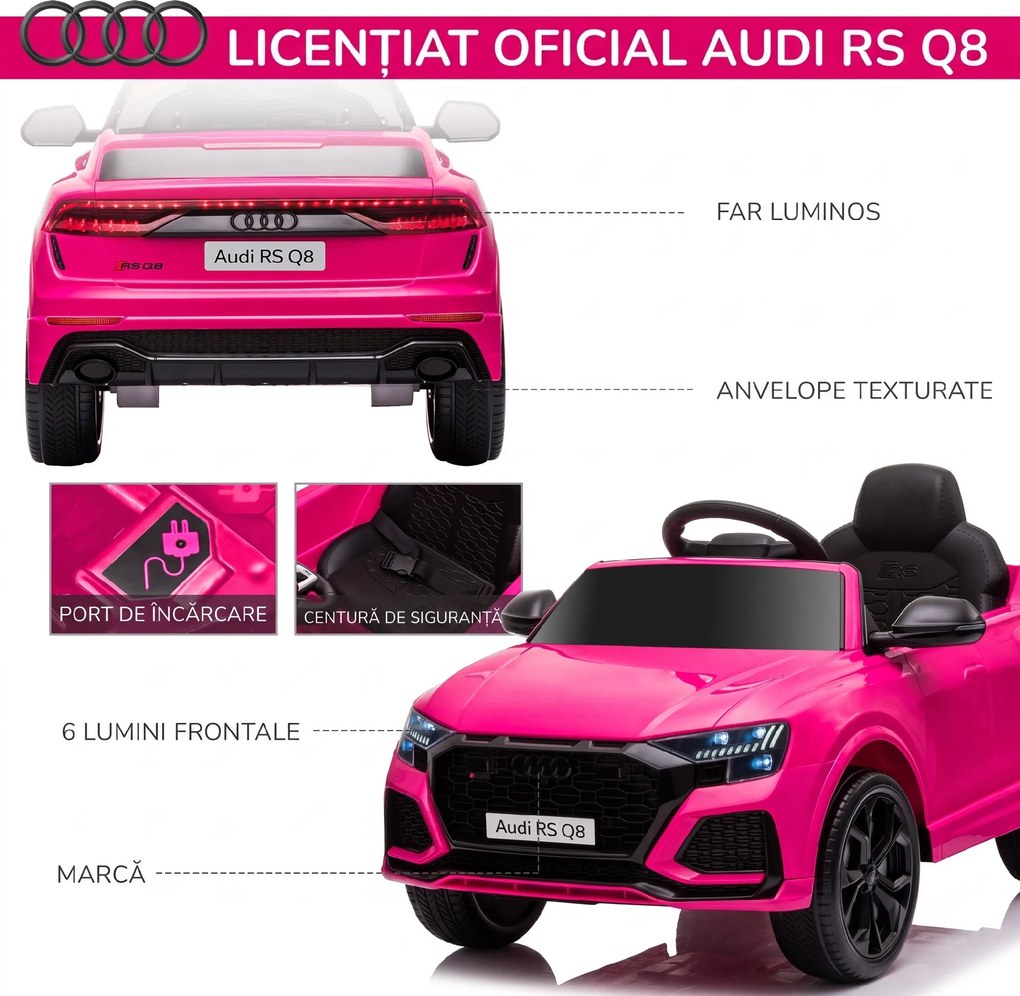 HOMCOM Mașină Electrică pentru Copii Audi RS Q8, 6V, 2 Motoare, Telecomandă, PP, 101x62x51 cm, Roz | Aosom Romania