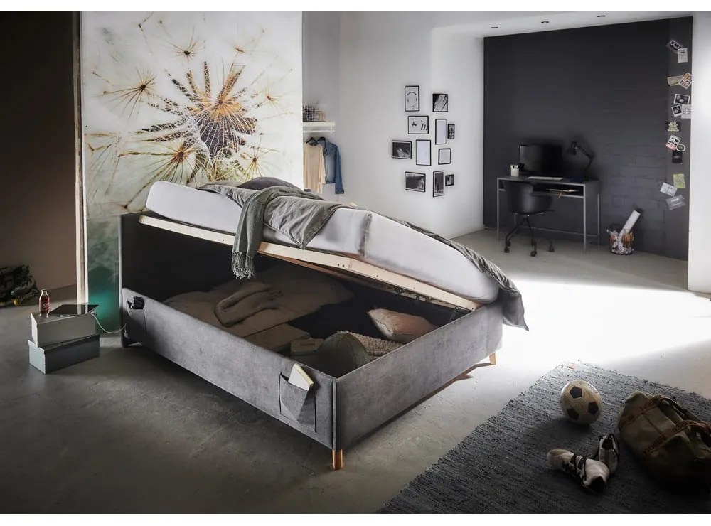 Pat pentru copii gri antracit tapițat cu spațiu de depozitare cu somieră 120x200 cm Cool – Meise Möbel