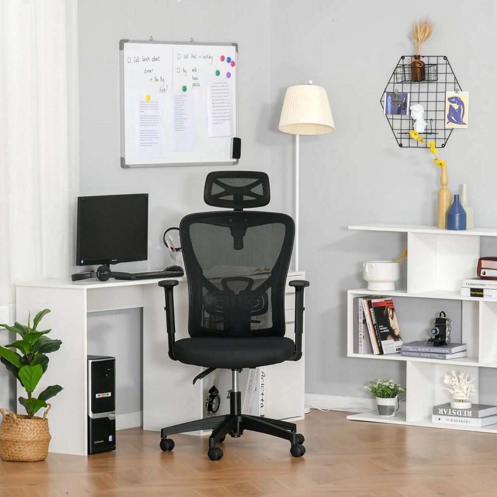 Scaun de birou ergonomic Vinsetto, Inaltime reglabila, Tetiera, 66x61x100-109.5cm, Negru