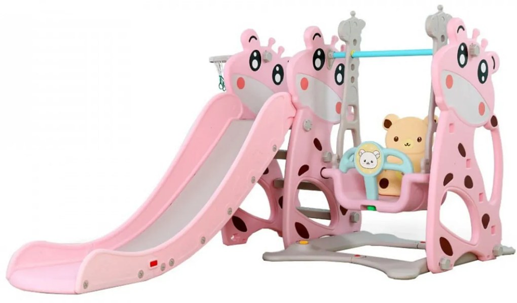 Tobogan 3 in 1 Pentru Copii NOVOKIDS Giraffe Playground, Cu Leagan, Pentru Interior si Exterior, 187 centimetri panta alunecare, Max 40 Kg, Cos de