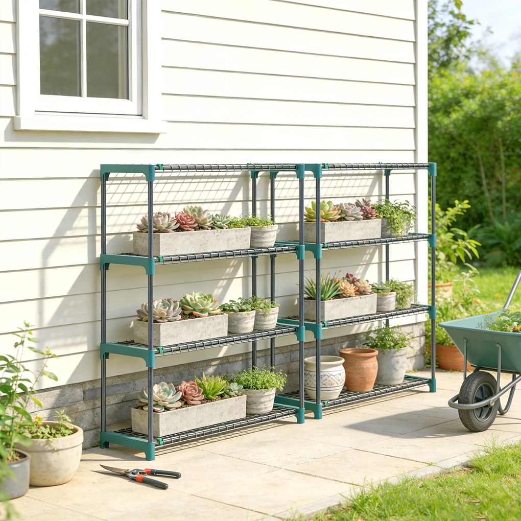 Outsunny Raft pentru Plante pe 4 Niveluri, Set de 2 Suporturi pentru Plante, din Oțel cu Catarame pentru Montaj Ușor, Expunere Ghivece Grădină și Balcon, 90x28x104 cm | Aosom Romania