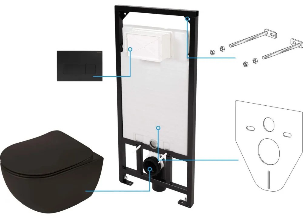 Set vas wc negru cu capac soft close, rezervor incastrat, clapeta de actionare si izolare fonica Deante Poenia Negru