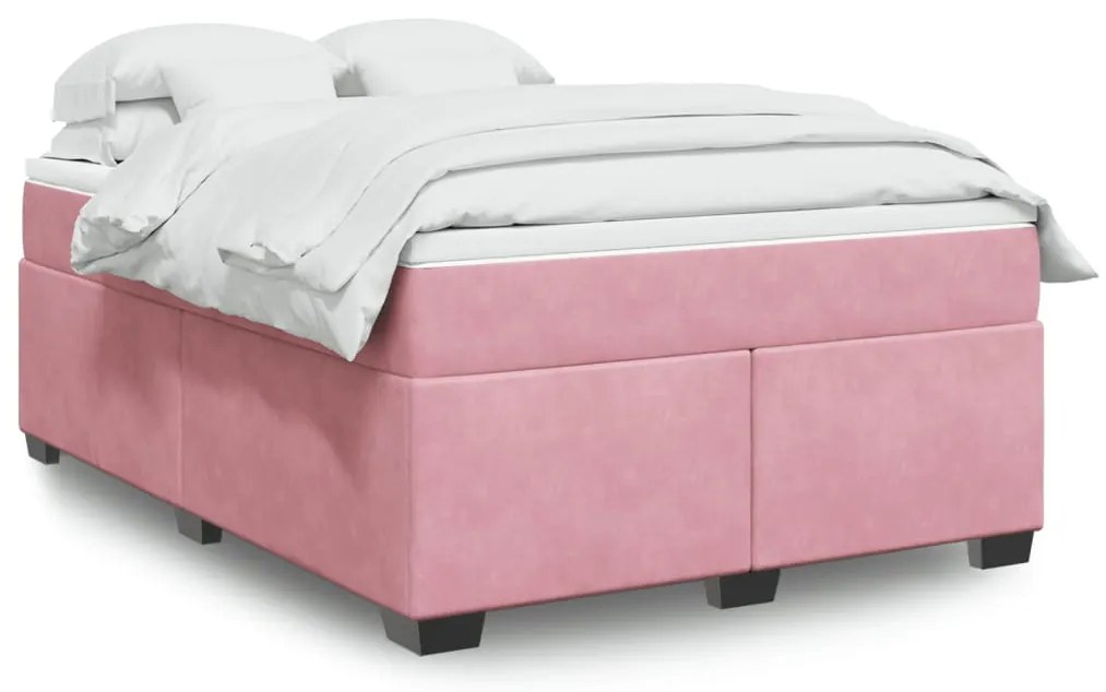 vidaXL Pat box spring cu saltea, roz, 140x200 cm, catifea