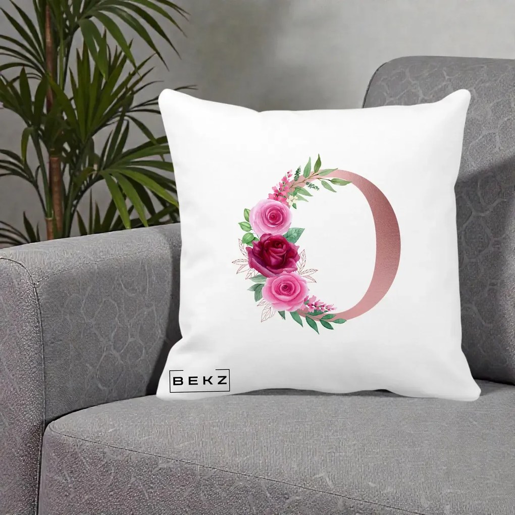 Cadou Personalizat - Perna Personalizata Monograma Rose Gold Litera O, 40x40 cm, Alba Mata, Husa Detasabila, Perna Inclusa, BEKZ®