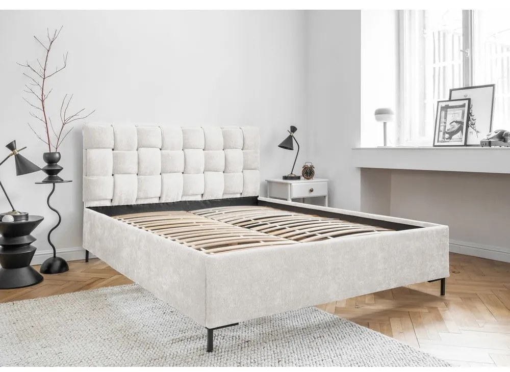 Pat matrimonial crem tapițat cu somieră 180x200 cm Eve – Miuform
