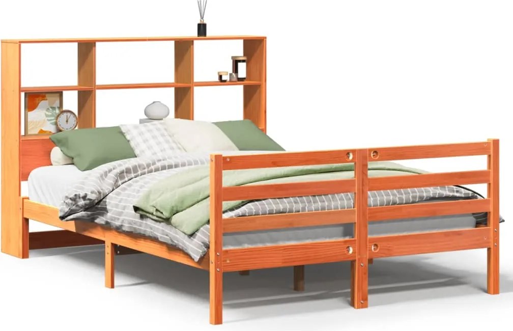 vidaXL Pat cu bibliotecă fără saltea maro ceruit 135x190 cm lemn masiv