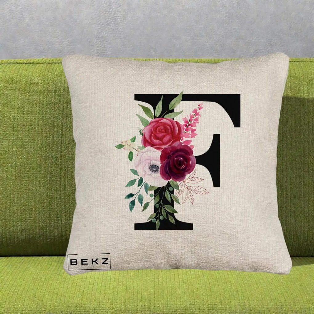 Cadou Personalizat - Perna Personalizata Monograma Florala Litera F, 40x40 cm, Bej Canapea, Husa Detasabila, Perna Inclusa, BEKZ®