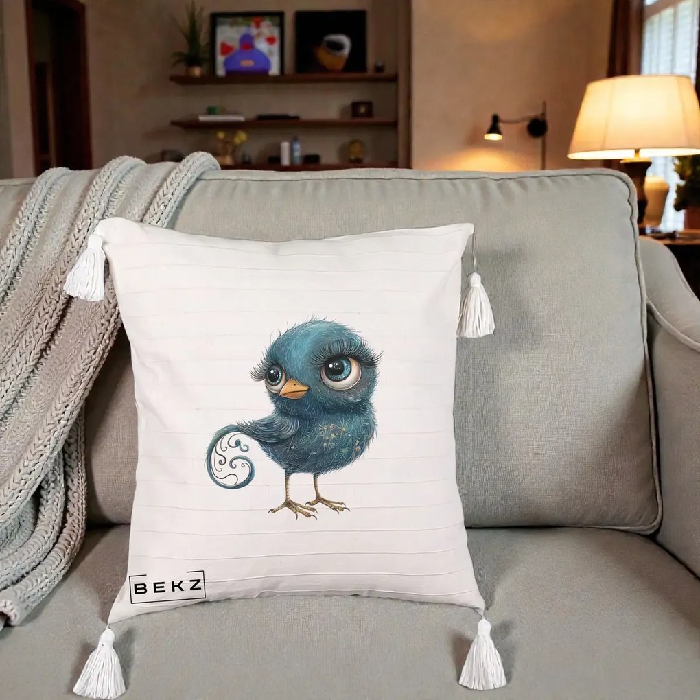 Perna Decorativa Pasare Teal cu Motive Aurii si Coada Spiralata, 40x40 cm, Bej cu Franjuri, Husa Detasabila, Perna Inclusa, BEKZ®