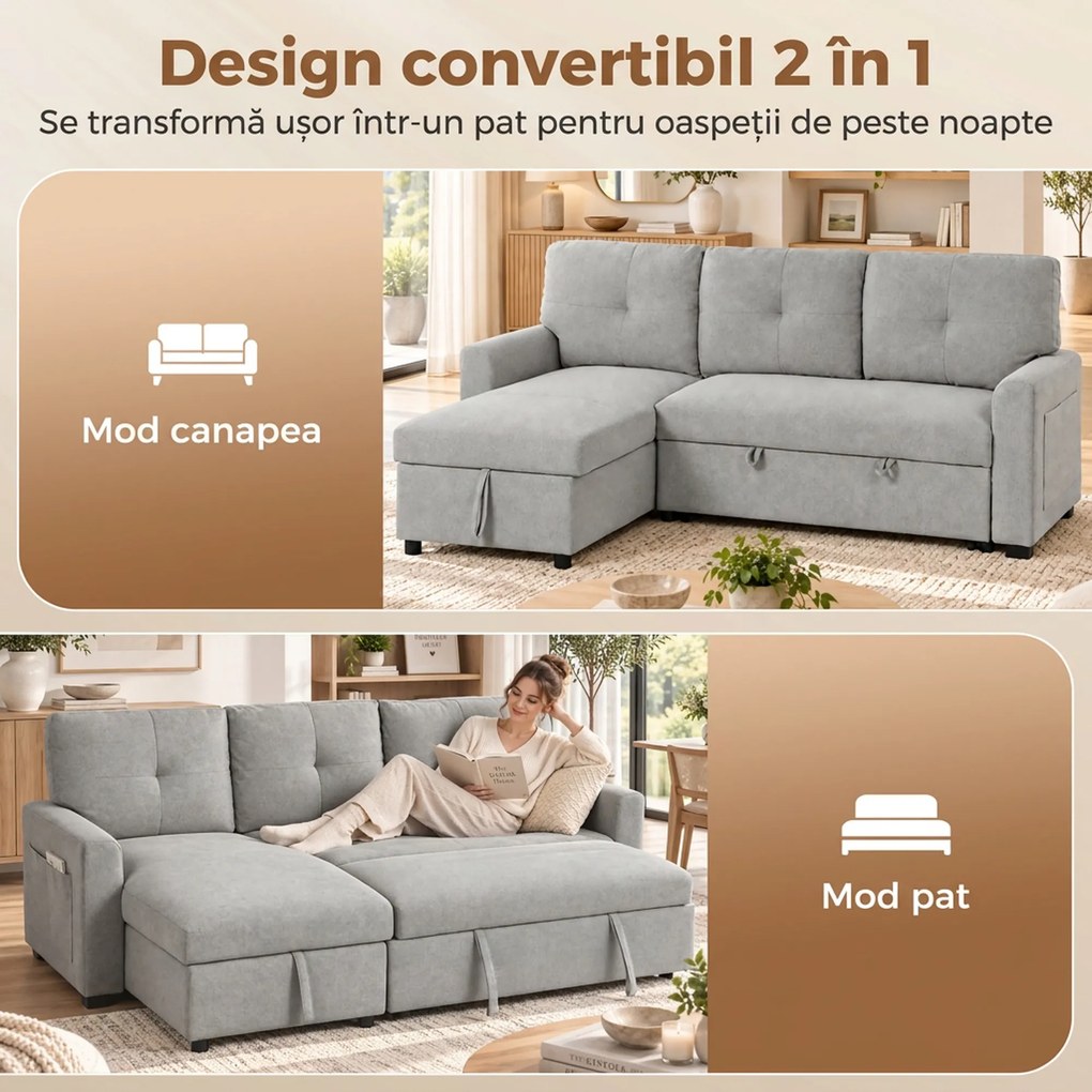 HOMCOM Canapea extensibilă 3 locuri cu șezlong convertibil, spațiu de depozitare, 3 perne, material cu efect de in, gri | Aosom Romania