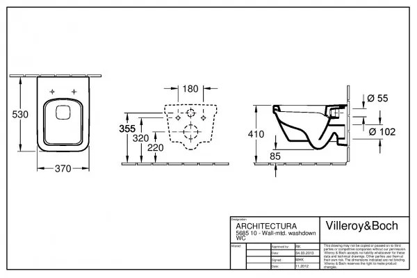 Set vas WC suspendat, Villeroy&amp;Boch Architectura, cu capac inchidere lenta, 37x53cm, Alb Alpin, 5685H101