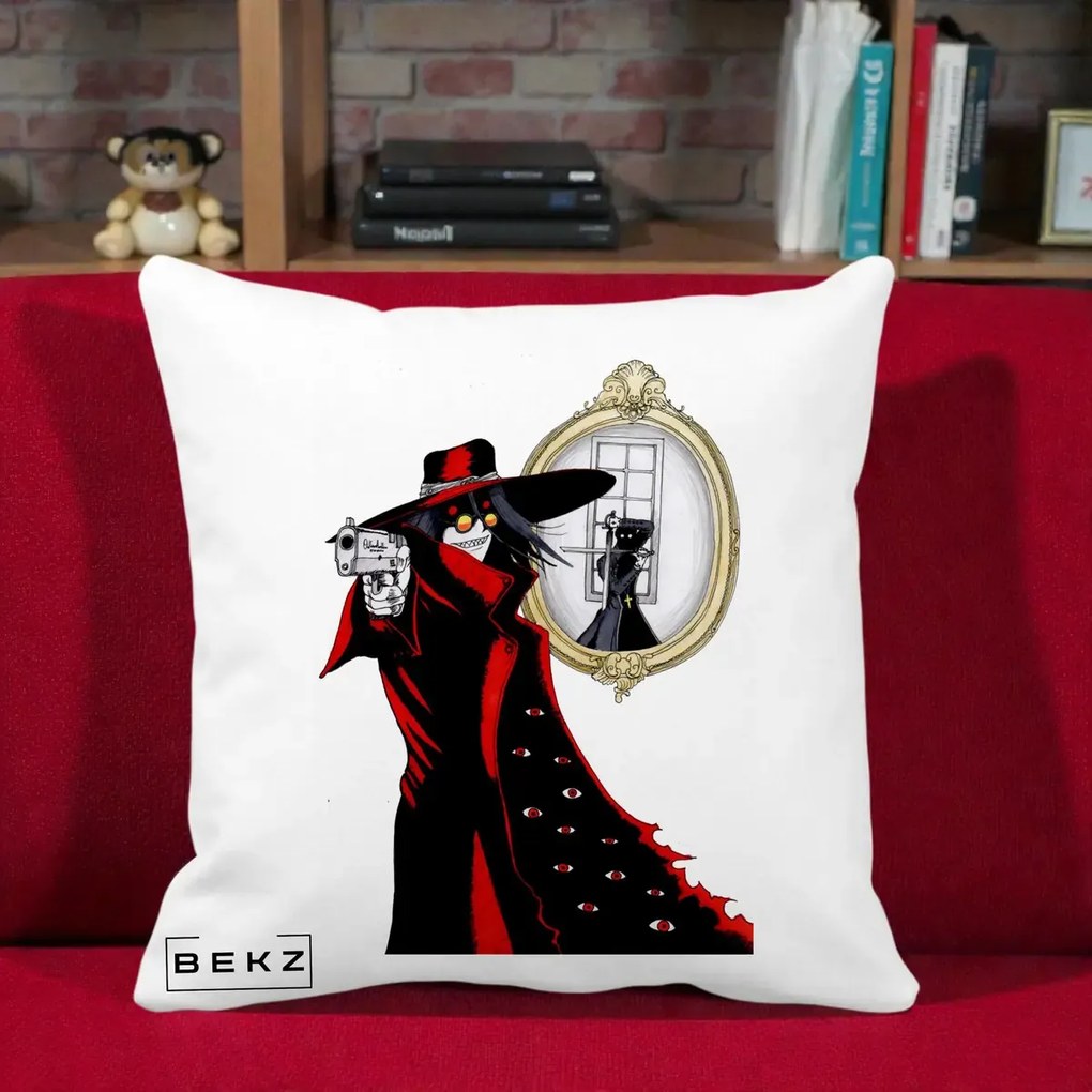 Perna Personalizata Hellsing Alucard cu Pistoale, 40x40 cm, Alba Mata, Husa Detasabila, Perna Inclusa, BEKZ®
