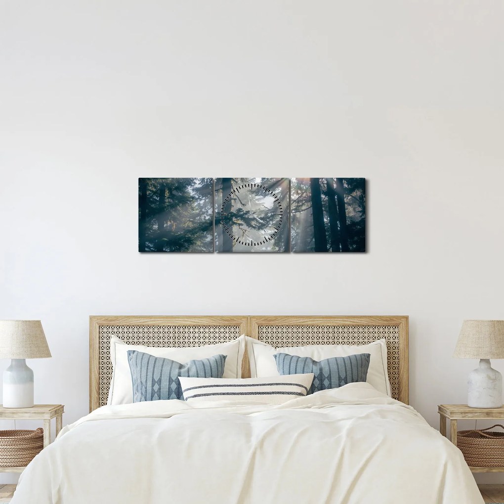 Tablou cu copaci și soarele translucind (cu ceas) (90x30 cm)