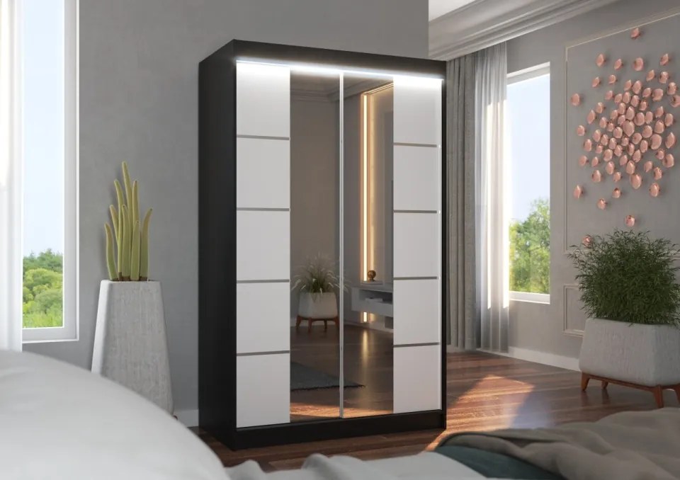 Dulap cu usi glisante si oglinda + iluminare LED, Genua 120 + LED, 120 cmx200 cmx58 cm, ADRK Furniture (Culoare: Ciocolata)