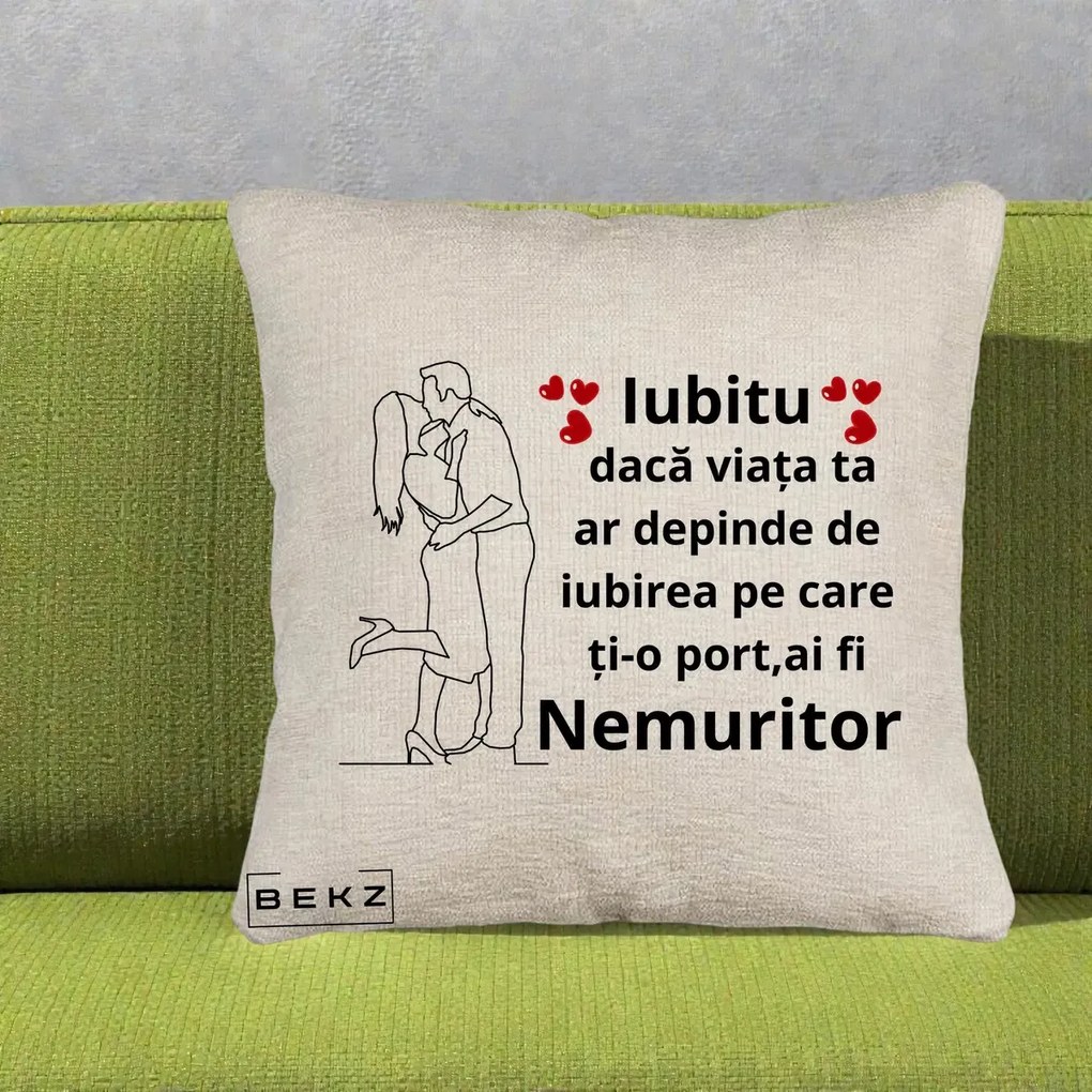 Cadou pentru Iubit - Perna Personalizata Iubitu Nemuritor cu Cuplu Line-Art si Inimi Rosii, 40x40 cm, Bej Canapea, Husa Detasabila, Perna Inclusa, BEKZ®