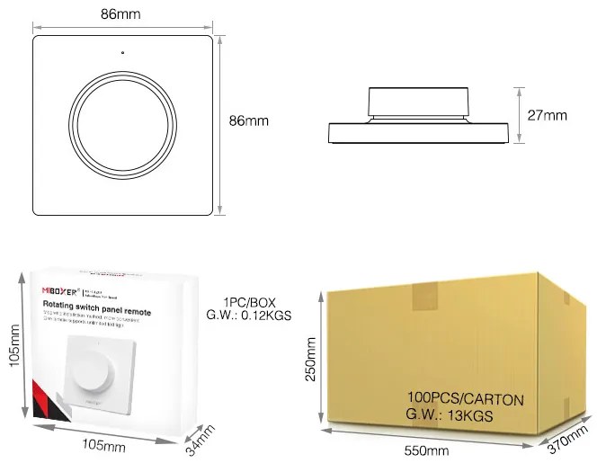 Variator de perete pentru banda LED, compatibil cu banda led monocolora si CCT, montaj aplicat, alb,MiBoxer Milight