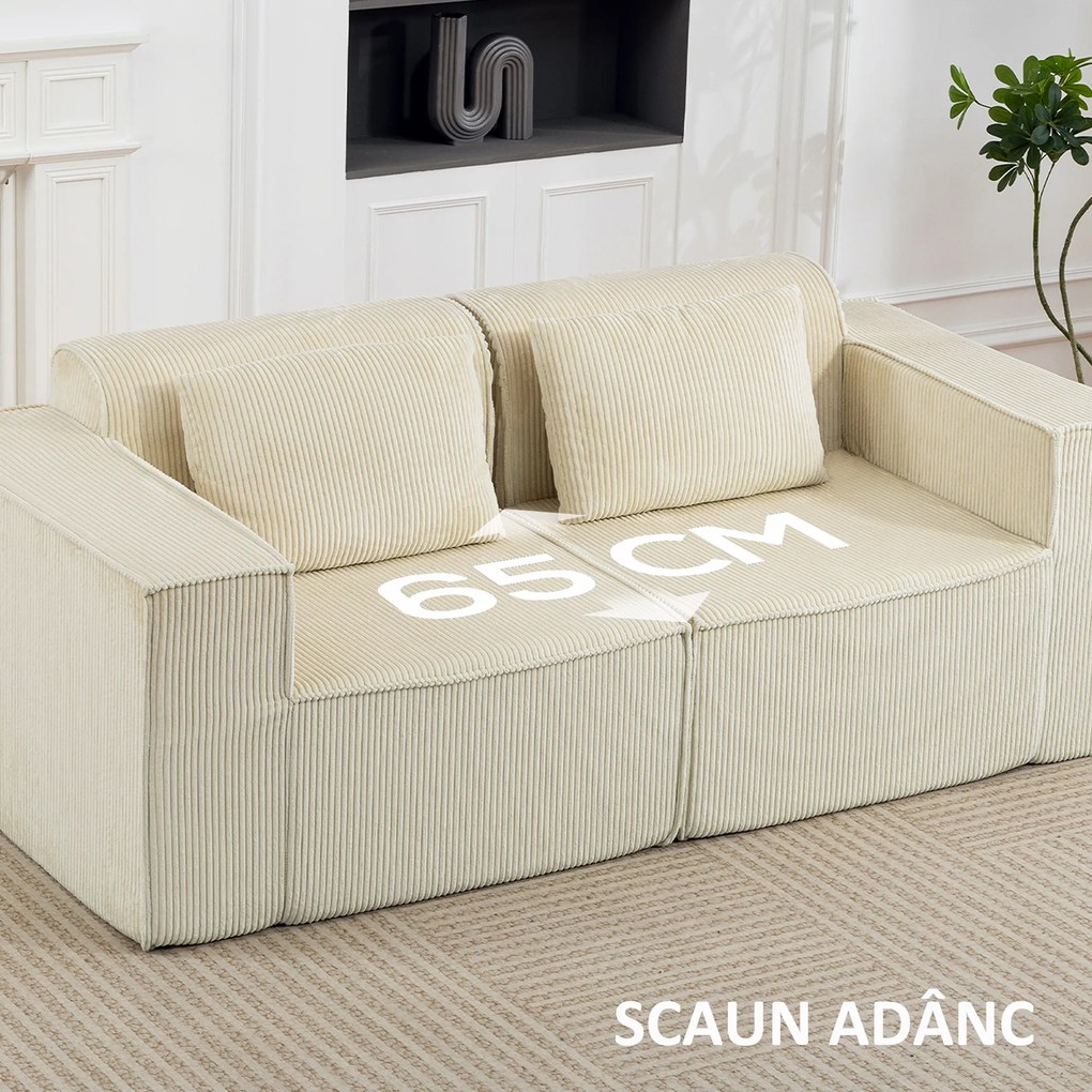 HOMCOM Canapea 3 Locuri Extra Profundă 65 cm, Modulară Fără Structură cu Perne Groase, Cotiere Largi și 2 Perne, Sofá Modern din Catifea pentru Living și Sufragerie, Bej | Aosom Romania