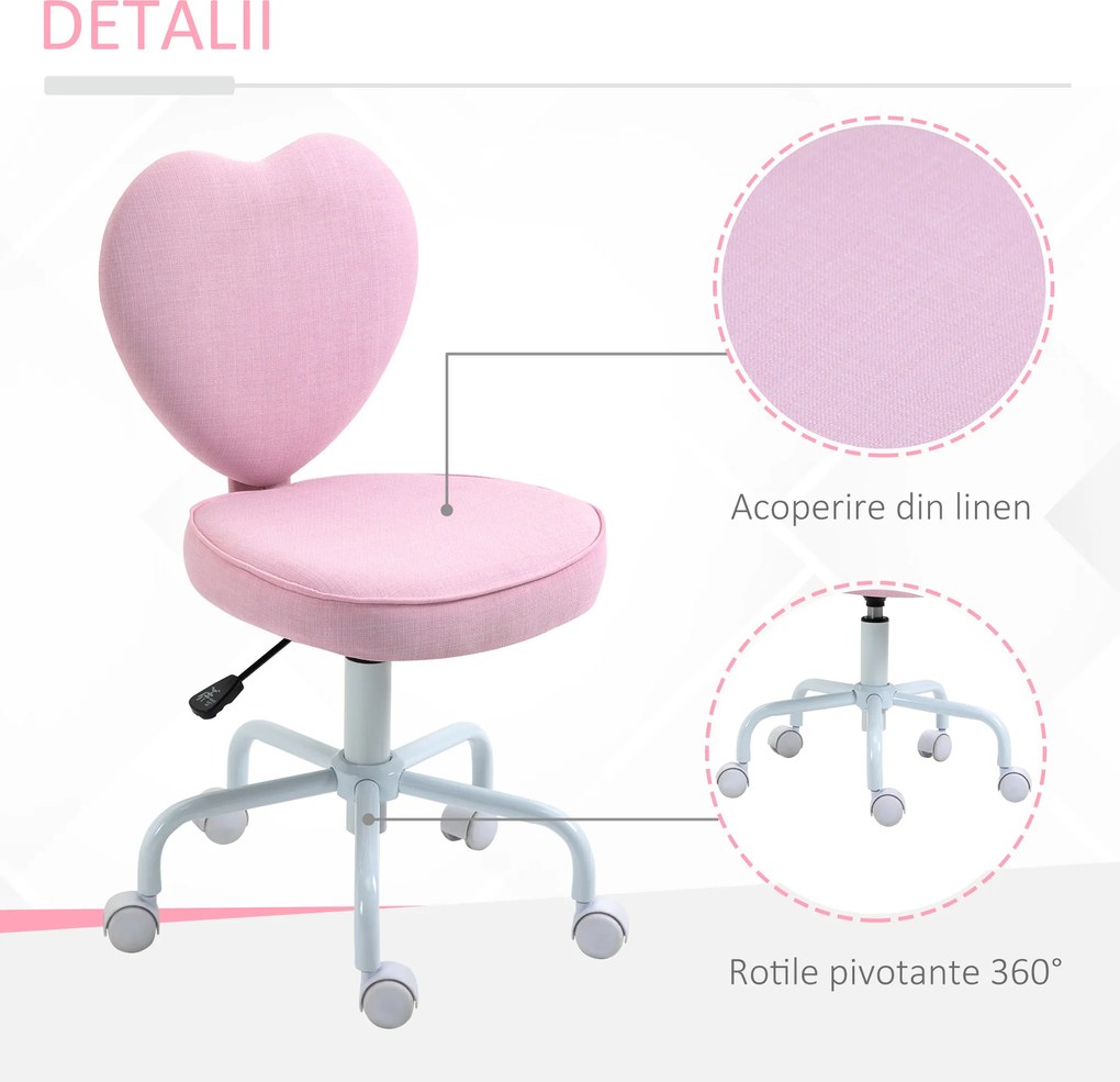 HOMCOM Scaun de Birou în Formă de Inimă, Bază cu 5 Roți, Înălțime Reglabilă, 40x50x79-89 cm, Roz | Aosom Romania